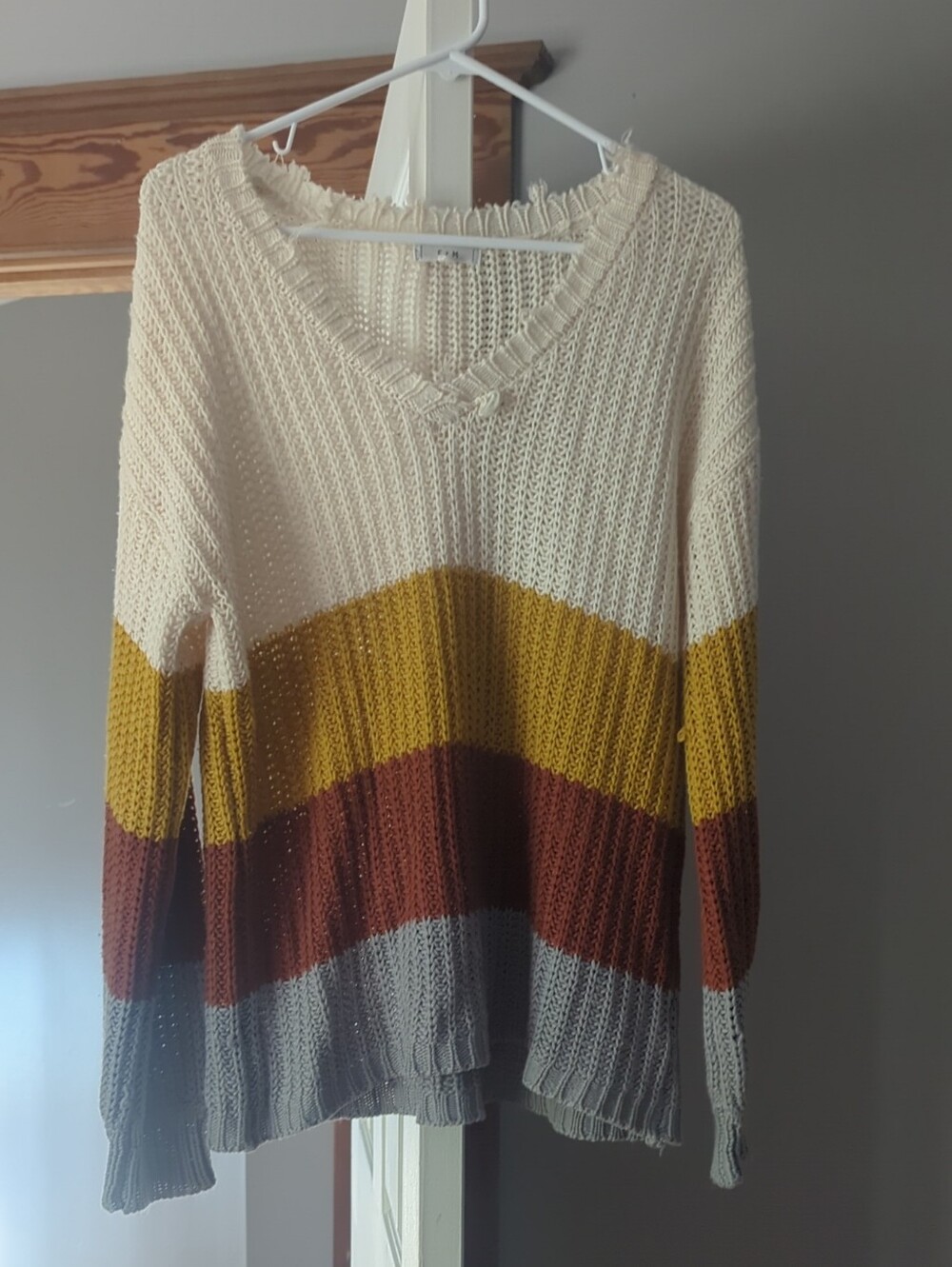 Open-Knit V-Neck Sweater in Cream, Mustard, Rust & Gray